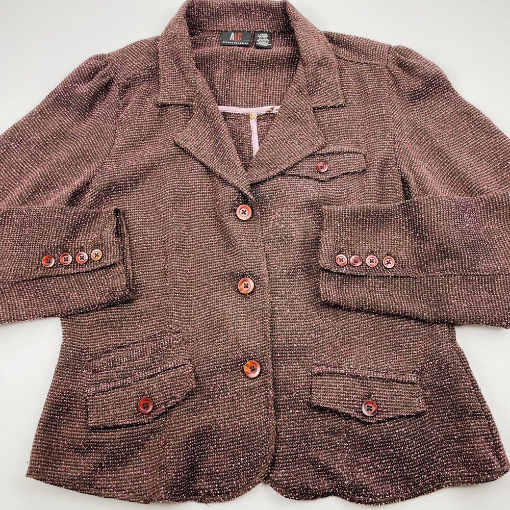 ALC Womens Tweed Wool Blazer Jacket Size L Marled Burgundy 3 Button Unlined